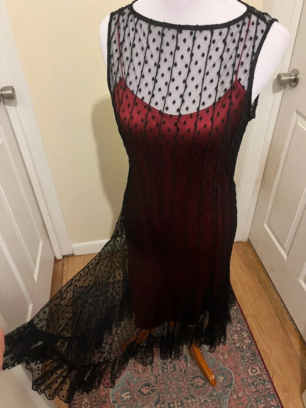 Teri Jon Scarlet Silk Slip Dress with Black Mesh Overlay - Picture 2 of 12